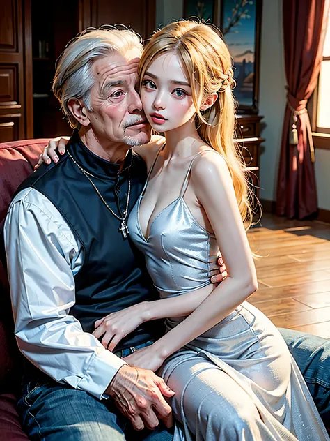 ((best quality)), ((masterpiece)), (detailed), picture of a couple, a beautiful 18 year old girl and an old man are lovers. The old mans arms are wrapped around her. She has long blonde hair billowing over her shoulders, beckoning brown eyes, ((she is sitt...