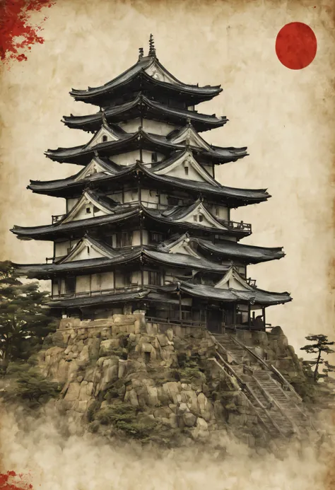 Japanese shoguns castle, feudal Japan portrait, high quality, realistic, faded image, lines