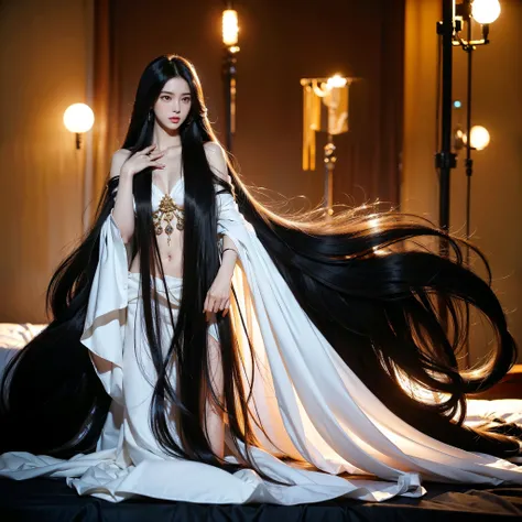 (best image quality、highest quality、highest resolution、Super realisticな写真撮影、full body photo、masterpiece、16ｋ、）1 girl、Photographed from approximately 4 meters away, Surprisingly long black hair is super beautiful、hair length about 5 meters、white underwear or...