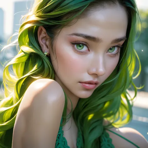 Photo of 47 years old European woman, RAW, beautiful woman, (green hair with extra long wavy), ((portrait)), (Detailed face: 1.2)), (Detailed facial features)), (green eyes) (Fine skin), pale skin,green lips, high detail and deep, wearing green color long ...