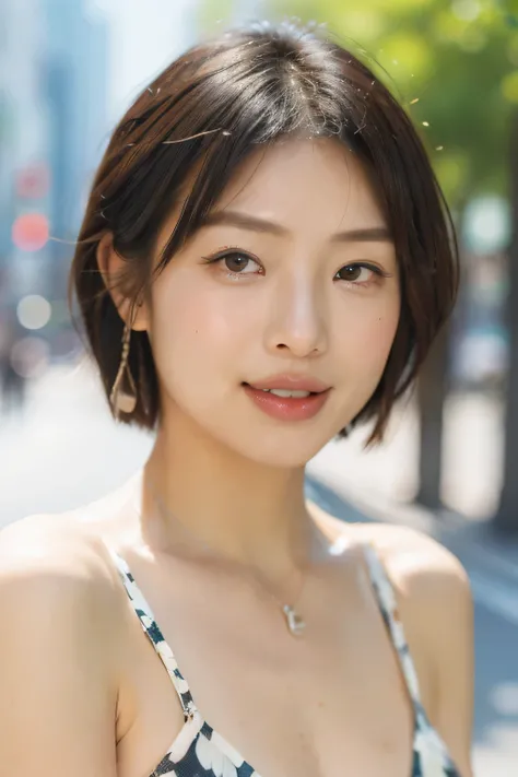 NSFW:1.3:((highest quality、8K resolution、master masterpiece、portrait:1.3)), Photoreal, 35mm film, mature woman:1.5,on the street during the day, wrinkles around the eyes,wrinkles around the mouth、short hair、((Fancy Micro Bikini:1.3)) , (outdoors_city stree...