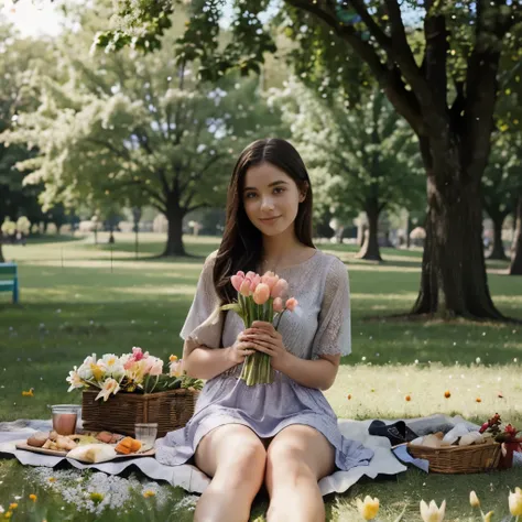 Girl on a picnic in the park with a large bouquet of tulip flowers 