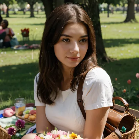 Girl on a picnic in the park with a large bouquet of tulip flowers 