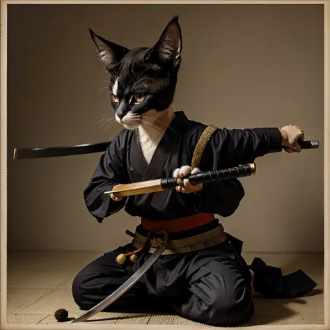 Samurai warrior Siamese cat with Katana, feudal Japan, high qulity, faded image, lines