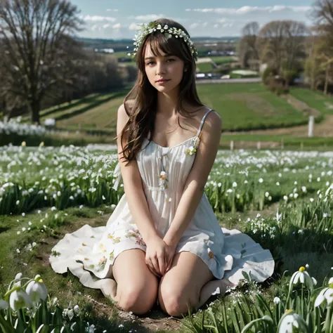 Misses spring girl in a dress in a field of flowers with a bouquet of snowdrops
