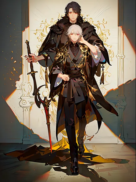 A high resolution，（Masterpiece level：1.4），Super detailed，Black-haired boy，blackigeyes，Elegant aristocratic countenance，Wearing a black robe，The robe has a gold pattern，Handsome guy with a sword，Image quality up to 8K，Optimal color rendering，Best shadow eff...