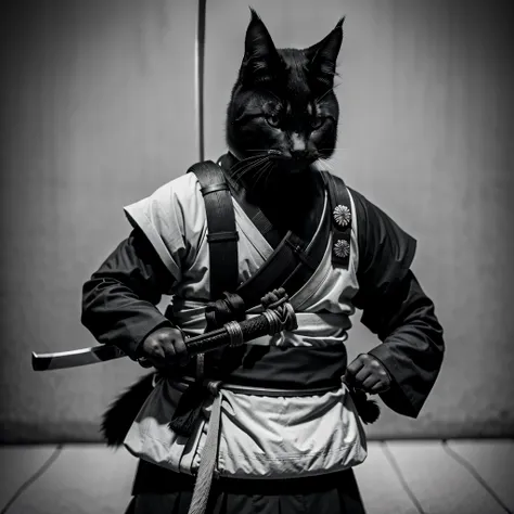 Samurai warrior Black and White cat with Katana, feudal Japan, high quality, faded image, lines