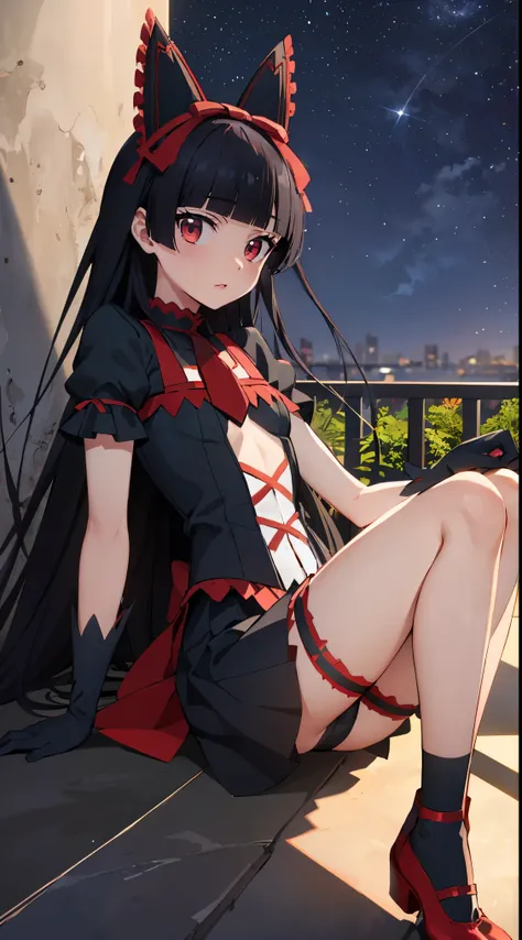 Rory Mercury, Rory Mercury, black hair, dull bangs, princess cut, hair ornaments, red lipstick, long hair, cute face, compensate, (:1.2), (red eyes:1.5), break Gothic underwear, perfect body (small breasts:1.3) horny,  break in full growth, red shoes, brea...