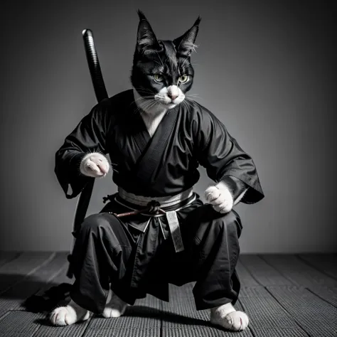 Samurai warrior Black and White cat with Katana, feudal Japan, high quality, faded image, lines