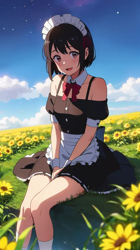 shinkai makoto, kimi no na wa., 1girl, bangs, black hair, blush, brown eyes, shiny skin, ((girl wear maid dress, Off-the-shoulders, short dress, short skirt, maid headdress)), red bow, red ribbon, short hair, smile, cute, solo, happy, open mouth, looking a...