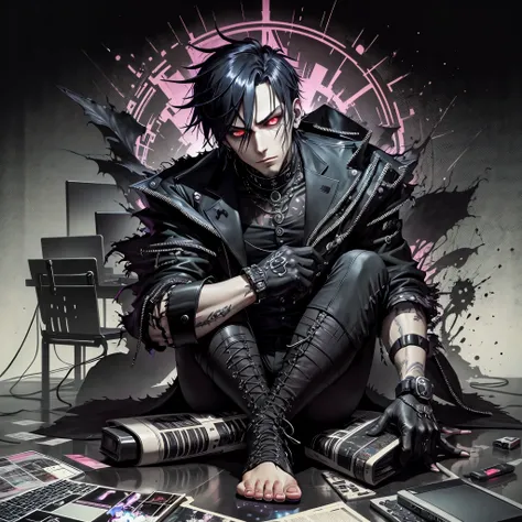 a close up of a male programmer  sitting on a  floor with computers , servers, disk , notebook tech , , gothcore, gothic harts, sebastian michaelis, iren horrors, shigenori soejima illustration, gothic!!, gornamental gothic - cyberpunk, heavenlydaemonic, g...