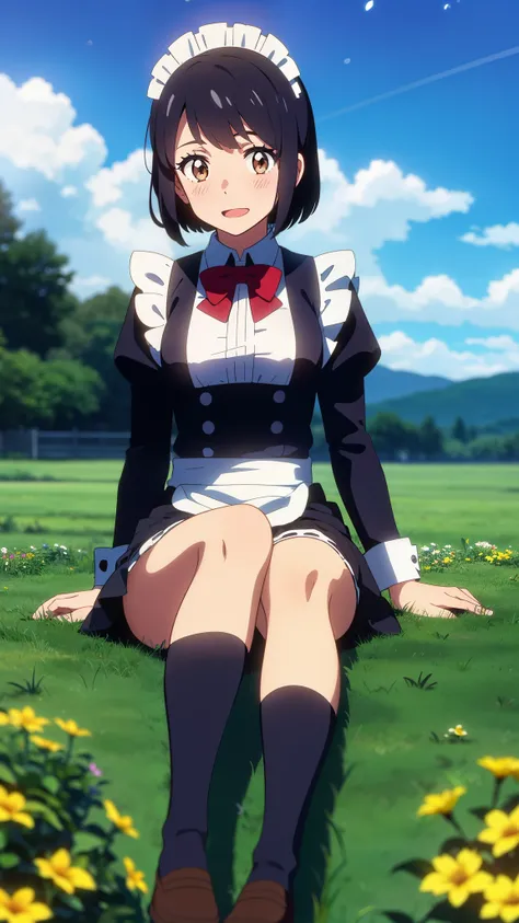 shinkai makoto, kimi no na wa., 1girl, bangs, black hair, blush, brown eyes, shiny skin, ((girl wear maid dress, short dress, short skirt, maid headdress)), Off-the-shoulders, red bow, red ribbon, short hair, smile, cute, solo, happy, open mouth, looking a...