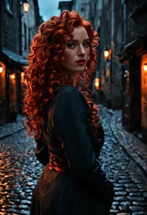 [best quality,highres:1.2],ultra-detailed,(realistic:1.37),(dramatic lighting,firelit lighting),(vivid colors,rich coloredieval:1.1) female waif, large tits, [pretty detailed face:(1.1)],long [red curly hair,detailed curls:1.1],walking on [cobblestones,det...