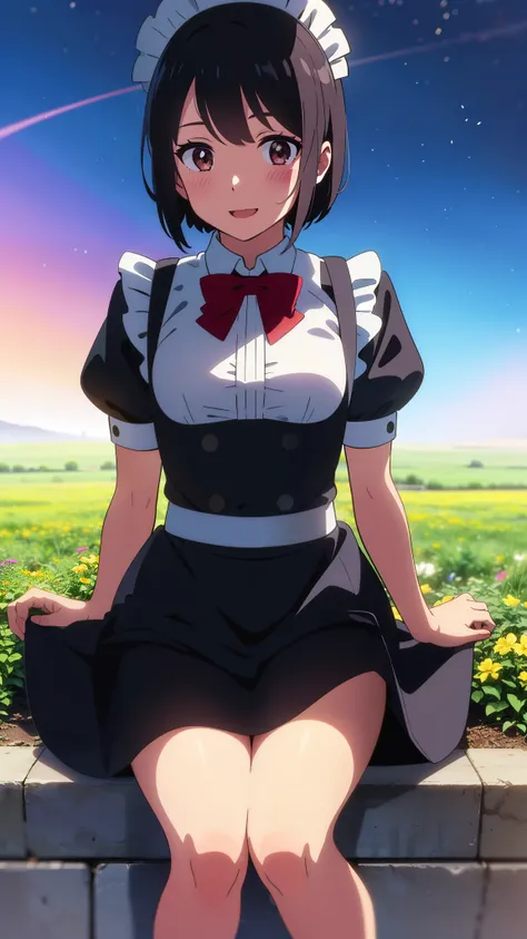 shinkai makoto, kimi no na wa., 1girl, bangs, black hair, blush, brown eyes, shiny skin, ((girl wear maid dress, short dress, short skirt, maid headdress)), Off-the-shoulders, red bow, red ribbon, short hair, smile, cute, solo, happy, open mouth, looking a...