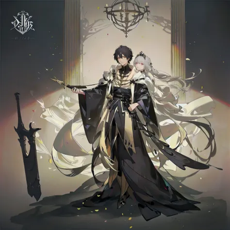 A high resolution，（Masterpiece level：1.4），Super detailed，Black-haired boy，blackigeyes，Elegant aristocratic countenance，Wearing a black robe，The robe has a gold pattern，Handsome guy with a sword，Image quality up to 8K，Optimal color rendering，Best shadow eff...