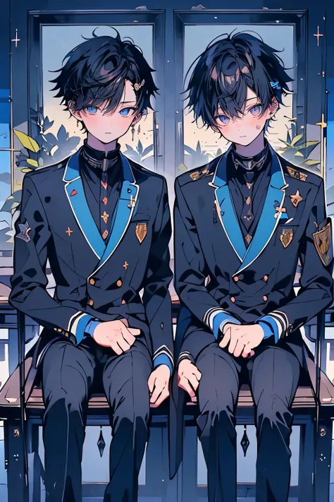 (muste piece), (best quality), very detailed, (((Two friendly high school boys:1.5))), perfect face, beautiful face, very detailed face，(dark blue haired man:1.3)，(black haired man:1.3)，School，classroom，student uniform，tie，shirt