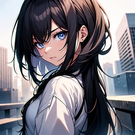 anime,(face),(detailed and beautiful eyes), black hair,silver eyes, masterpiece,looking at the viewer, Highest_quality,white background,masterpiece,white shirt, turn your arms behind your back,  