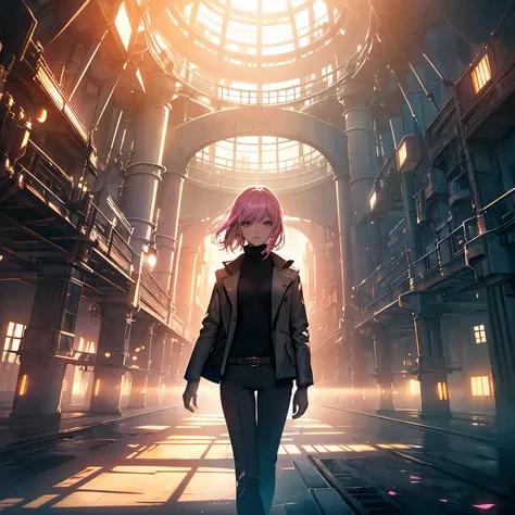 mysterious atmosphere, in the atmosphere, exquisite quality,realistic,beautiful and aesthetic,, alone,between legs,pink turtleneck, Brown pants,(NSFW:0.85),, democracy,, Power plant,, (bright atmosphere, enchanting shine, bright lighting, fantastic atmosph...