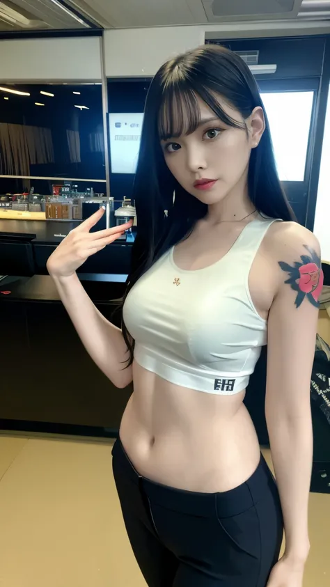 (highest quality)，masterpiece，Super detailed，8K, UHD，Beautiful woman，japanese woman，No expression，whole body，((tattoo))，slim，black slacks，white tank top，(female mafia)，gangster，(cyberpunk city)，night，cinematic lightening，underworld