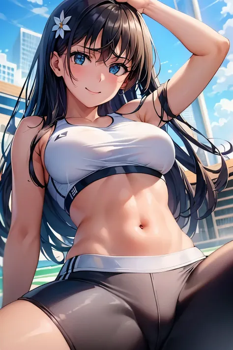 saten_ruiko, 1girl,18yo,good anatomy, masterpiece, best quality,realistic, hyperrealistic, 16k hdr,earrings,(see through sports bra,yoga pants:1.2), outdoors,blue sky,strong wind,from below,smile,sexy pose,dynamic pose,navel,spread legs,erected nipples