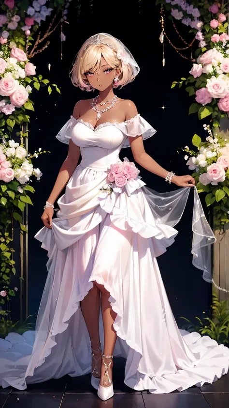 Highest Quality, ​masterpiece, beautifully detailed eyes, (dark skin), short Blonde Hair, Gradient Hair, pink highlights in hair, large breasts, standing, makeup, glossy lips, strapless wedding dress, (garden), necklace, full body