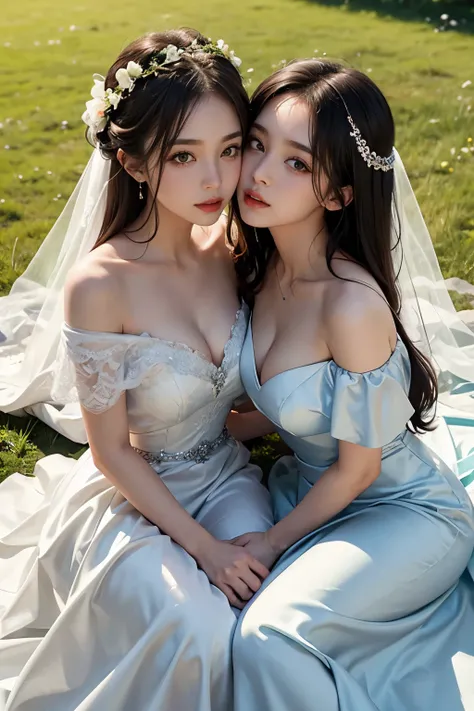 (2 girl), Front above selfie view, ideal tits, off shoulder deep v bride dress, kissing her girlfriend, romantic, pre-wedding photoshoot, grass background