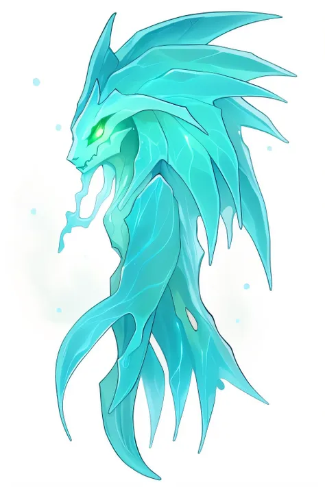 a close up of a blue and green dragon head with green eyes, glowing guy creature, water demon, ghostly form, scary sharp icy, swamp monster of ice, luminous water elemental, gelatinous, nightmare creature, mysterious creature, synthetic maw, evil aura, bio...