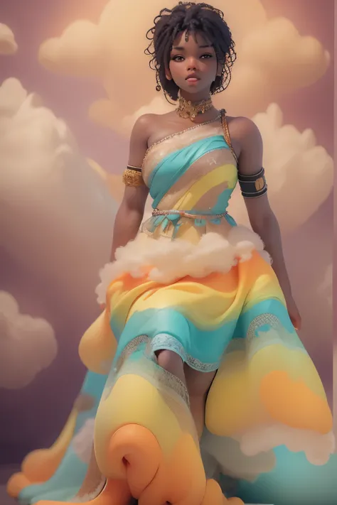 Beautiful Melanin woman modeling along rainbow color dress made of clouds 