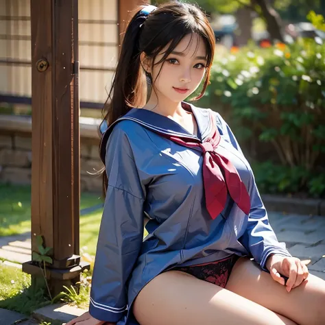 japanese uniform,wear a sailor suit、 ponytail, japanese girl,huge breasts、show panties、 8K, law pictures, highest quality, masterpiece, realistic, Photorealistic super detail, one girl, cute, best smile, beautiful eyes, long hair, perfect face,full body sh...