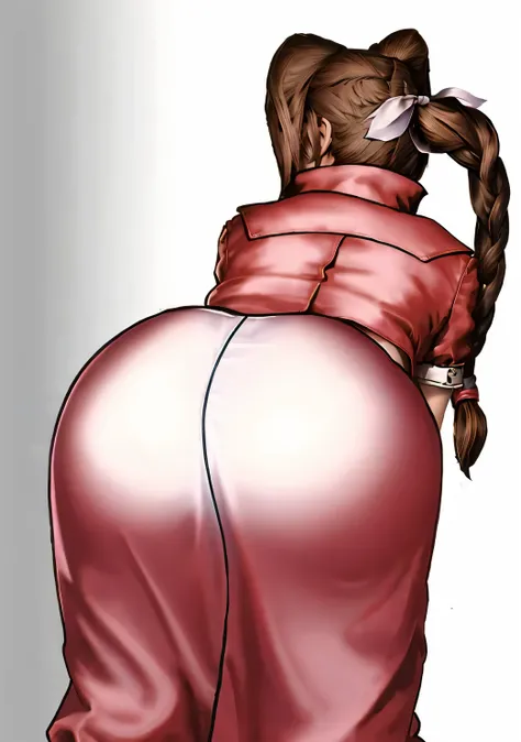 ((masterpiece, best quality)), ((27 year old)), (((Curvy))), (((Aerith Gainsborough from FF7))), in pink dress and red jacket, ((Bending over)), (((Large Hips))), (((Visible panty line))) (((photo realistic)))