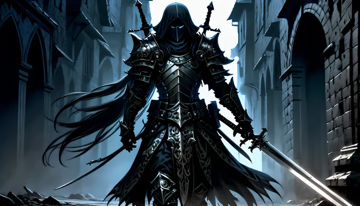 traditional veteran warrior, gothic dark, eyes hidden behind a helmet, stern face, dark cool, elaborate matte black armor, i fir...