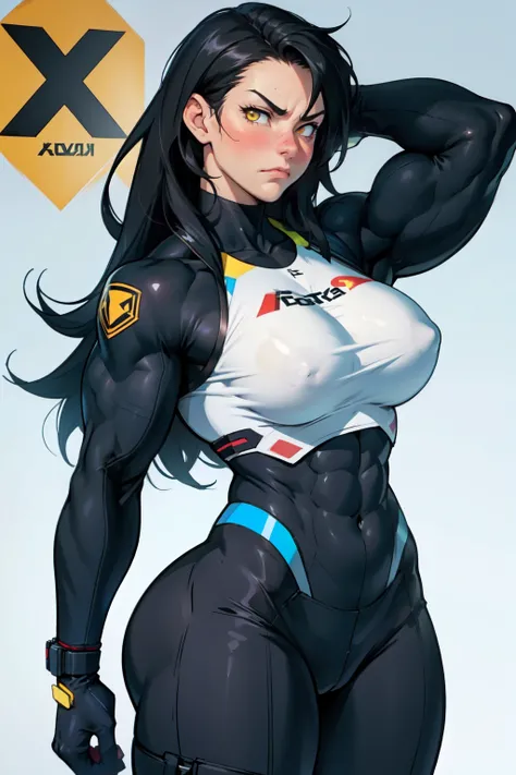 ((((girl muscular thick)))) pale skin black hair yellow eyes huge breasts body suit toned body sad frown blush long hair