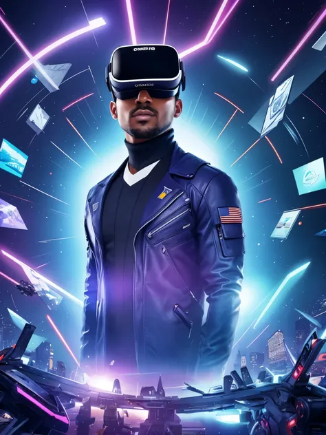 a close-up of men wearing a virtual reality headset looking upwards, digital banner, technological, commercial banner, technology, with AI theme, futuristic technology, clean background trending, modern technology, future technology, smooth technology, web...