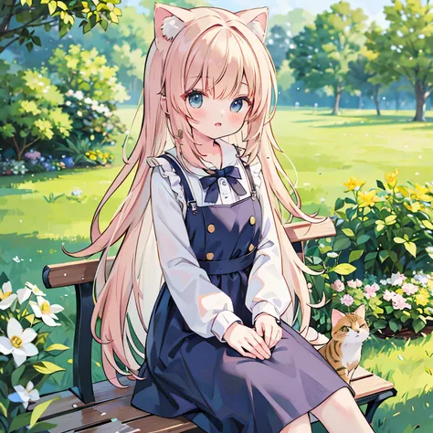 Long shot, anime girl sitting on bench, yawning, close one eye, season is summer, realistic anime cat, realistic anime art style, cute realistic portrait, beautiful anime cat girl, realistic anime art style, anime realism style, anime cat girl, very beauti...