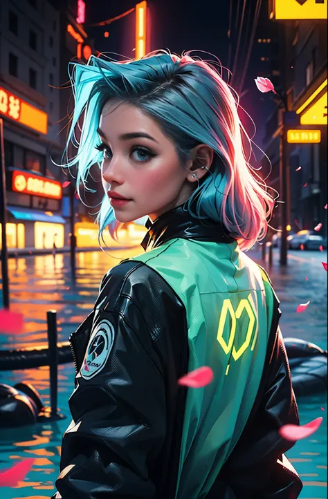 cyberpunk female woman wearing (turquoise jacket with chromatic accents:1.1), sleek pink and white full bodysuit, side view turn...