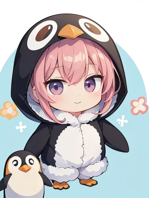 masterpiece, best quality, extremely detailed, anime, (,chibi),(penguin costume), (penguin pajamas), happy expression, fluffy