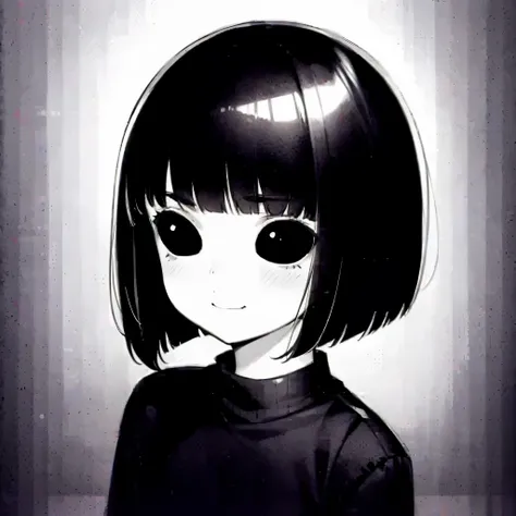 1littlegirl, short black hair, bob cut, blunt bangs, black eyes, black ribbed sweater, gray skin, blush, smile, ((monochrome)), ...