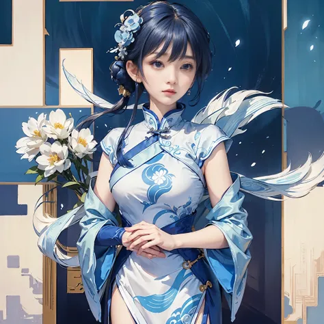 Close up of person holding microphone in front of blue background, White Hanfu, wearing a blue cheongsam, full body fairy, cheongsam, Kurase Jinharu, The Ruan family is beautiful! ,, Xian Xia, Wang Bingbing, wearing a blue cheongsam dress, real person