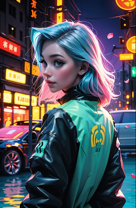 cyberpunk female woman wearing (turquoise Jacket with chromatic accents:1.1), sleek pink and White full bodysuit, side view turning to face camera, (Petal Blush, Lagoon Blue color background:1.3), amazing smile, looking at camera, neon lights 