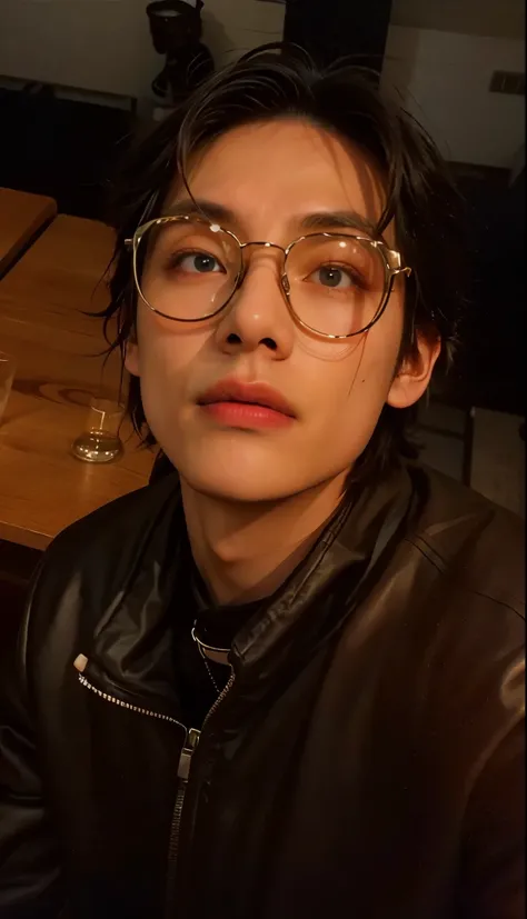 there is a man with glasses sitting at a table with a glass of wine, kim taehyung, taken at the beginning of 2020, imagem de perfil, Taehyung&#39;s right eyelid is swollen, taehyung tae, imagem de perfil, kim taehyung, lindo chad queixo, taehyung, v do bts...