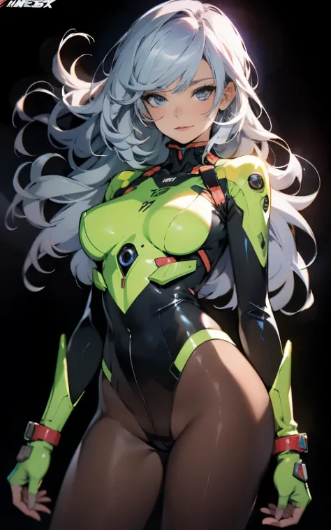 (((Young Woman))), ((Best Quality)), ((masutepiece)), (Detailed: 1.4), (Absurd), 35-year-old adult woman with Simon Bisley-style micro thong, Genesis evangelion neon style clothing, 2-piece clothing, Long silver hair, arm tatoo, cybernetic hands, pastel, C...