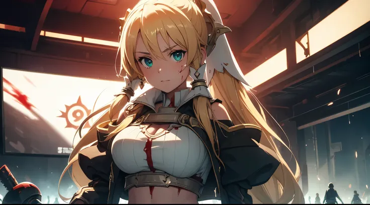 top-quality, Top image quality, ​masterpiece, girl((cute, 15year old, Best Bust, big bust, Beautiful emeralds eyes, Breasts wide open, Blonde long hair, A slender, expose deep belly button, Murderous face, murder, long sword, slaughter, fighting, holding a...