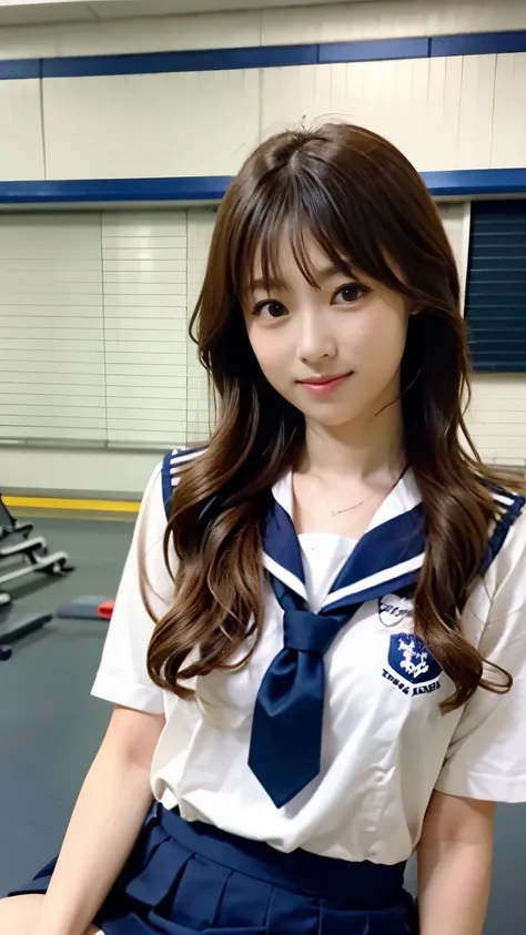 perfect anatomy ,neat high school girl, (school uniform, sailor suit, tie a ribbon on the chest, Winter clothes, Upper body is navy blue, The skirt is dark blue),High school graduation ceremony in the large gymnasium in the morning,長袖で昔ながらの紺色のsailor suitに膝...