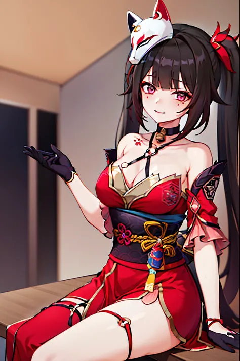 1girl, sparkle (honkai: star rail), twintails, hair ornament, solo, off shoulder kimono, mask on head, detached sleeves, choker, obi, single glove, wristband, criss-cross halter, thigh strap, blush, sitting, cowboy shot, living room, gasping, ecstasy, sedu...