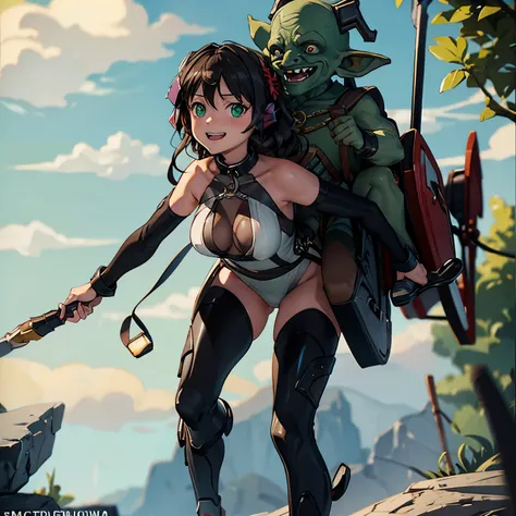 masterpiece, goblinriding, a goblin is riding a girl, (all fours), 1girl, (bodysuit:1.1), (nose hook), reins, collar, smile, happy trance, chain, rope,  Kohinata Miku ShenShoujing , black hair, medium hair, green eyes, small breast, obey