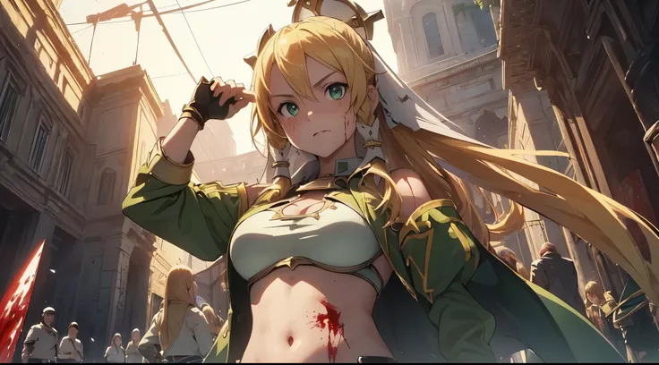 top-quality, Top image quality, ​masterpiece, girl((cute, 15year old, Best Bust, big bust, Beautiful emeralds eyes, Breasts wide open, Blonde long hair, A slender, holding a head of man, expose belly button, Murderous face, murder, long sword, slaughter, f...