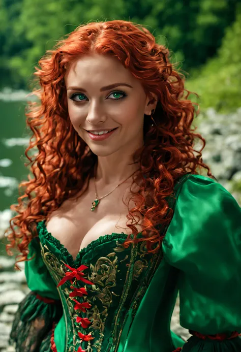 [best quality,highres:1.2],ultra-detailed,(realistic:1.37),(mid day),(vivid colors, rich coloredieval:1.1) female waif, large tits, [pretty detailed face:(1.1)], smiling, long [red curly hair, detailed curls:1.1], (emerald green eyes:1.3), walking on [cobb...