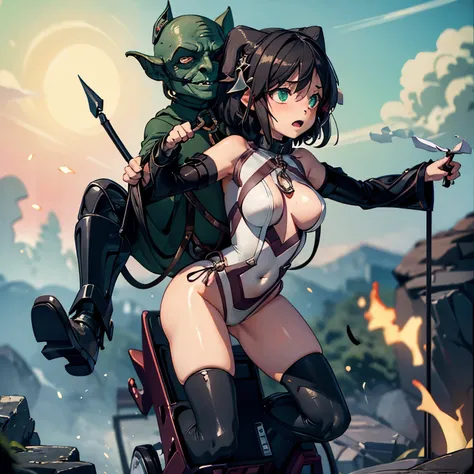 masterpiece, goblinriding, a goblin is riding a girl, (all fours), 1girl, (bodysuit:1.1), (nose hook), reins, collar, chain, rope,  Kohinata Miku ShenShoujing , black hair, short hair, green eyes, small breast, blank eyes, empty eyes, obey, emotionless, ex...