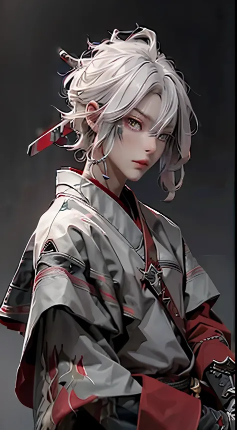 A cool boy, grey hair, red eyes, sword