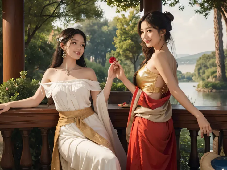 Giorgione painting style,Arguments of two female P、roses in vase、fruits、Cute trinkets、smile、ancient greek costume、Background is a forest lake at night 、Clothes that stretch your shoulders、A big smile、beautiful bare skin,Woman singing with sheet music